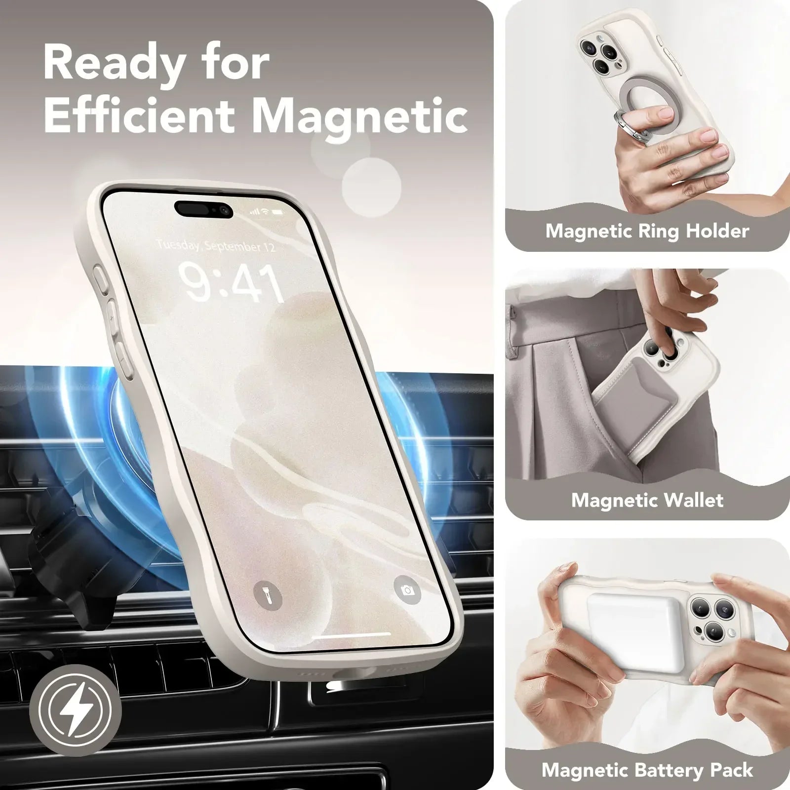 For iPhone 15 Pro Max Case Curly Wave Frame Shape Design Camera Protection Drop Shockproof Compatible with MagSafe Phone Case
