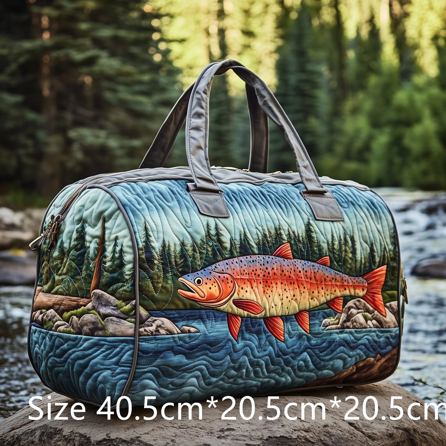 Trout Fishing Quilted Duffel Bag Outdoor Waterproof Gear Bag with 3D Fish Printed Camping Weekender Bag for Anglers Men's Gift