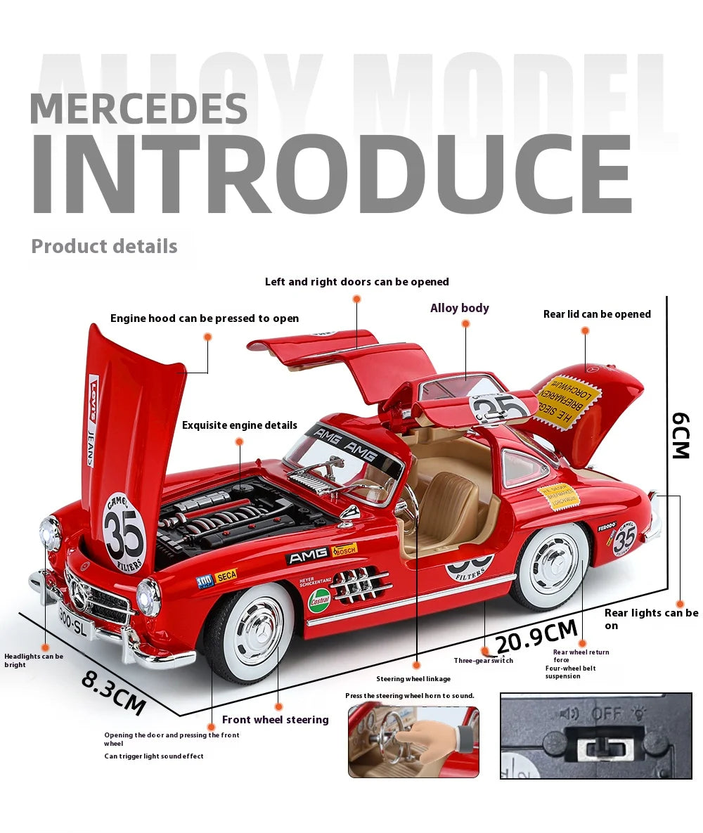 1:24 Mercedes-Benz 300SL Electroplated Version Alloy Diecast Classic Car Model Display Collection