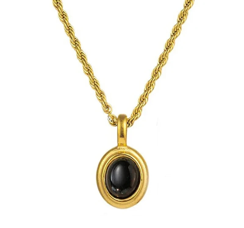 Titanium Steel Black White Agate Pendant Necklace For Women Girls Oval Crystal Necklace 45 cm