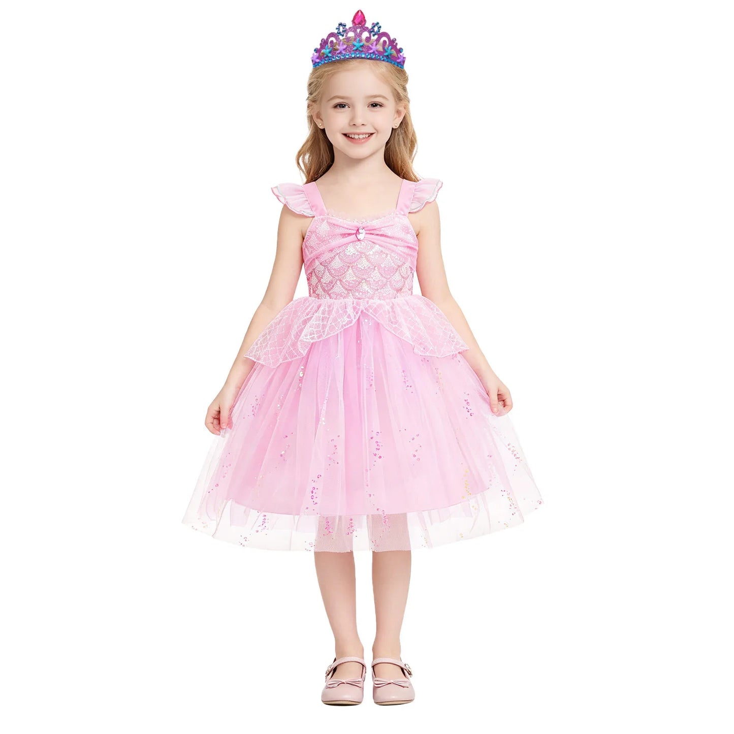 Sparkle Mermaid Princess Dress with Flutter Sleeves Sequin Tulle Party Costume