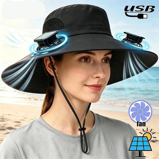 Wide Brim Solar Fan Sun Hat With Dual Fans