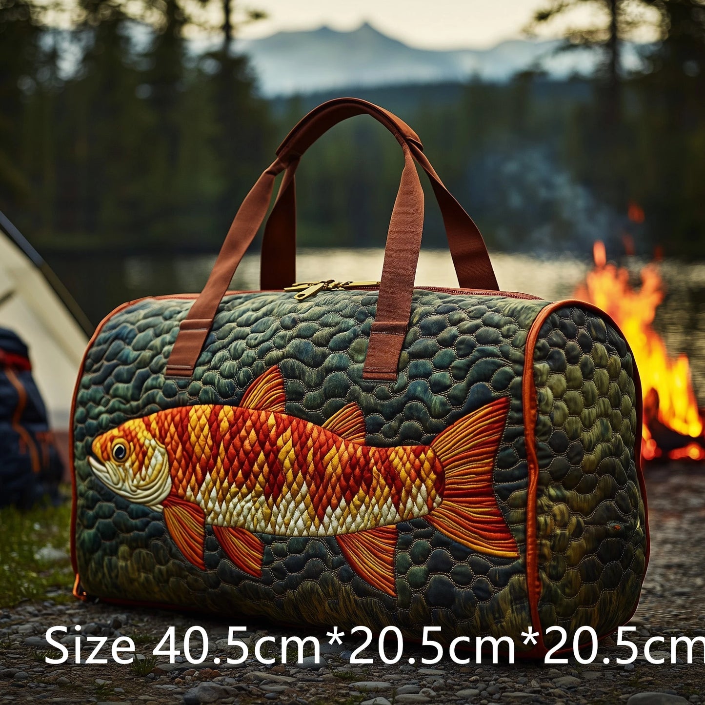 Trout Fishing Quilted Duffel Bag Outdoor Waterproof Gear Bag with 3D Fish Printed Camping Weekender Bag for Anglers Men's Gift
