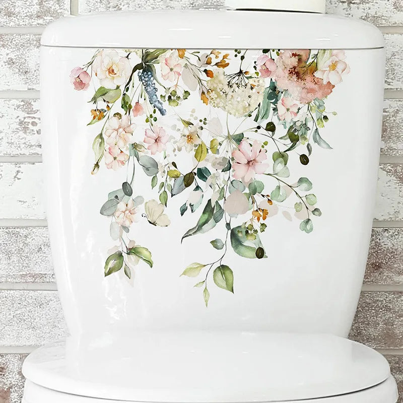 Green Plant Leaves Bathroom Toilet Sticker WC Closestool Wall Sticker Self Adhesive Mural Beautify Flower Home Decoration Decals