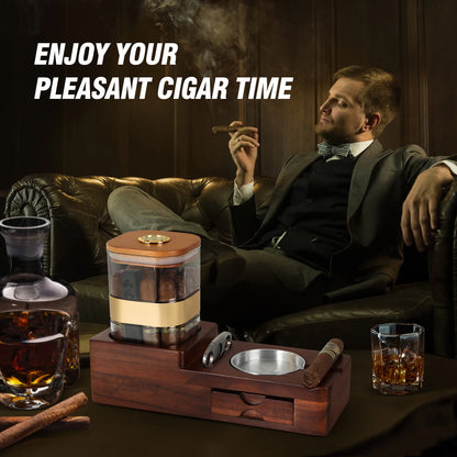 Cigar Humidor Cigar Ashtray Set Wooden Cigar Accessories Cigar Cutter Cigar Jar With Hygrometer Humidifier Cigar