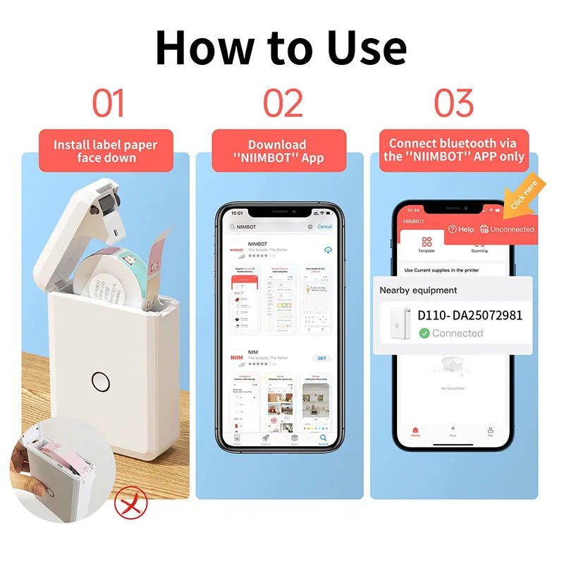 D110 Mini Thermal Label Printer, Bluetooth Portable Pocket Sticker Maker 12–15mm Inkless Label Printer for Home Organization