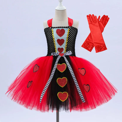 Girls Wonderland Fairy Tale Fancy Dress Sparkly Kids Evil Red Queen Children Dress Halloween Cosplay Costumes Villain Clothes