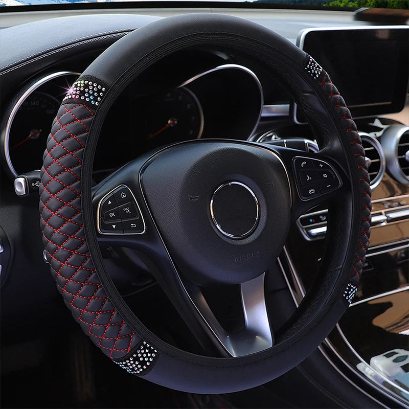 Universal PU Leather Rhinestone Car Steering Wheel Cover