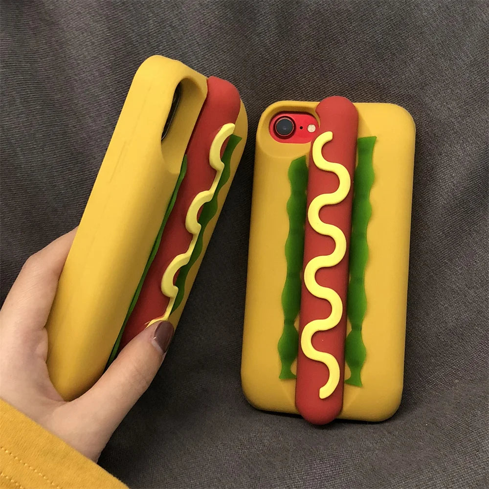 INS Cute Cartoon Funny Hot Dog Sausage 3D Vivid Phone Case For iPhone 16 15 14 13 Pro Max Plus Creative Soft Back Cover