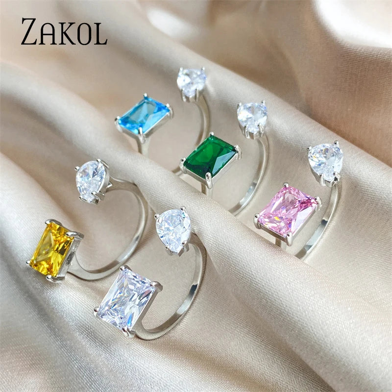 Pink Square Water Drop Open Rings for Women Shinny Cubic Zirconia Wedding Adjustable Ring