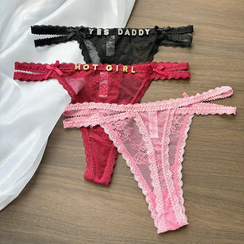 Custom Name Panties Crystal Letters Thong Women Lace Underpants Bikini G-String