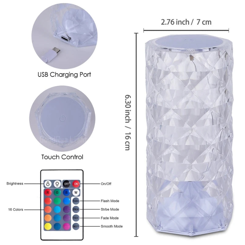 LED Round Crystal Table Lamp Touch Remote Control RGB Romantic Rose Color Changing