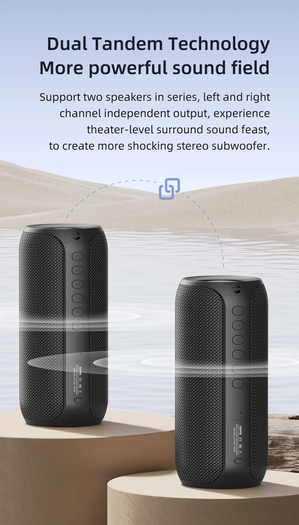 ZEALOT-S32MAX Portable Bluetooth Speaker, IPX5 Waterproof, Powerful Sound Box, Outdoor Stereo Bass, Music Track Speaker, 20W