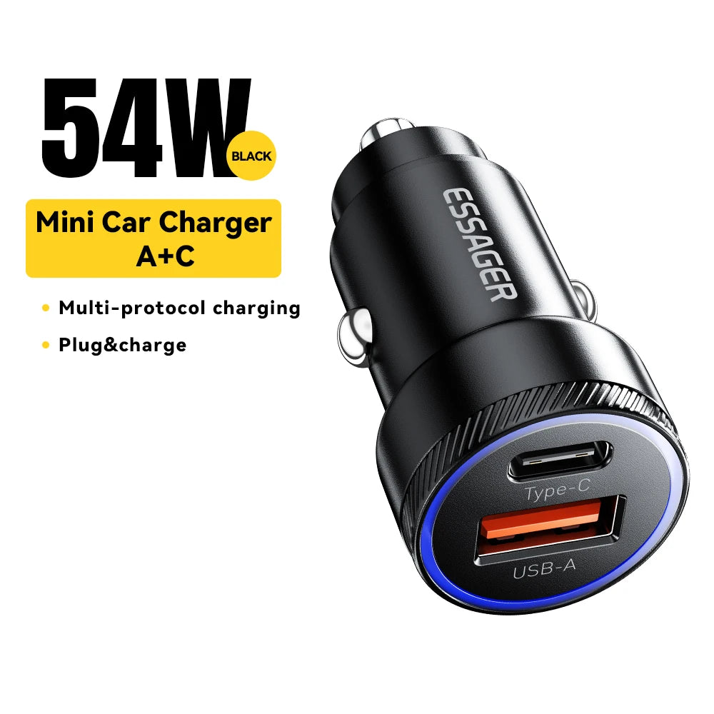 54W USB-C + USB-A Fast Car Charger (PD 3.0 + QC 3.0)