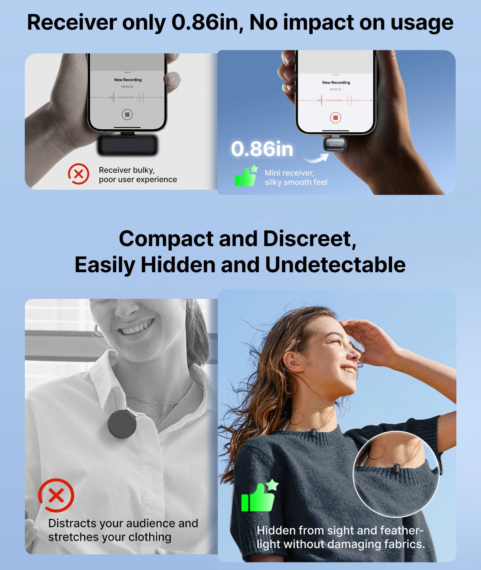 Mini 2 Wireless Lavalier Lapel Mini Microphone Noise Reduction for iPhone 6-17 USB-C Android SmartPhone PC Live Streaming