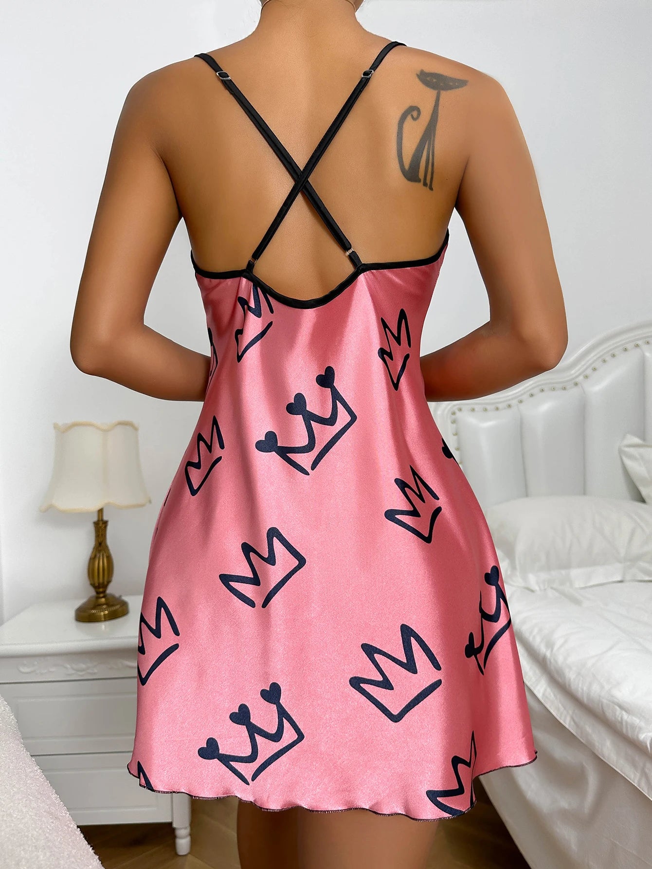 Heart Print Nightdress Elegant Scoop Neck Criss Cross Back Sleep Dress  Women's Sleepwear