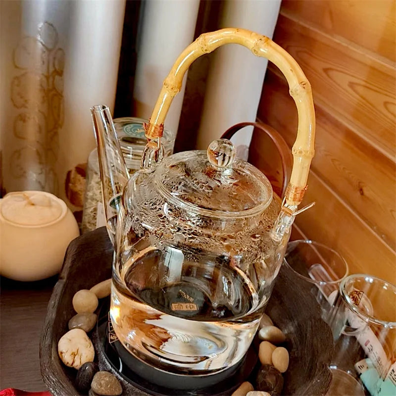 1350ml Bamboo Handle Beam Tea Pot Heat Resistant Glass Teapot With Filter Flower Tea Kettle Kungfu Lifting Beam Tea Pot Teaware