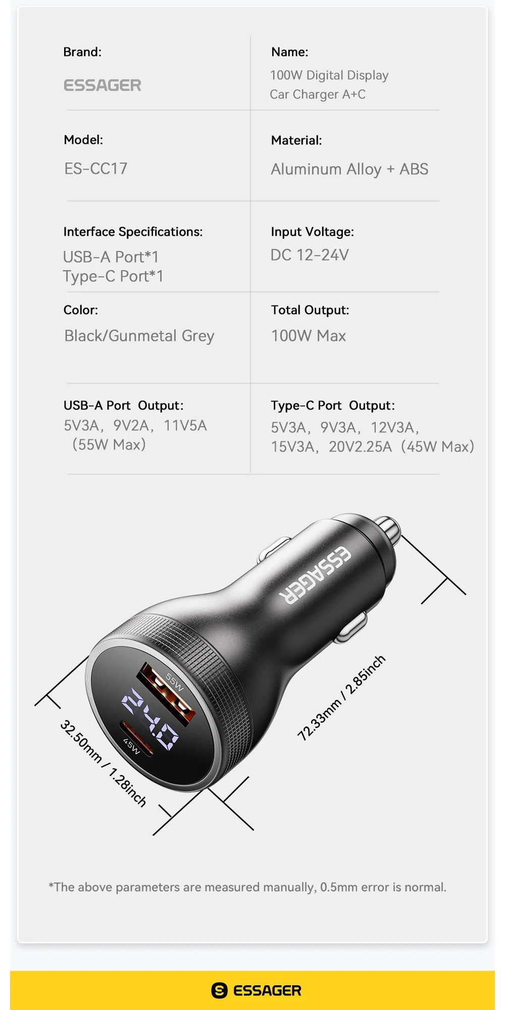 100W USB C Car Charger PD 3.0 QC 4.0 Fast Charging Dual Port Type C + USB Adapter