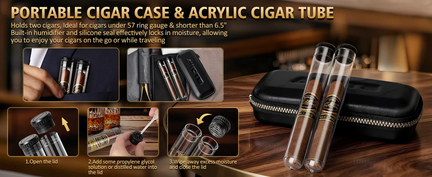 Cigar Humidor, Cedar Wood Cigar Box, Includes Leather Cigar Case, Cigar Tube, Digital Hygrometer and 2 Humidifiers, Gift Set