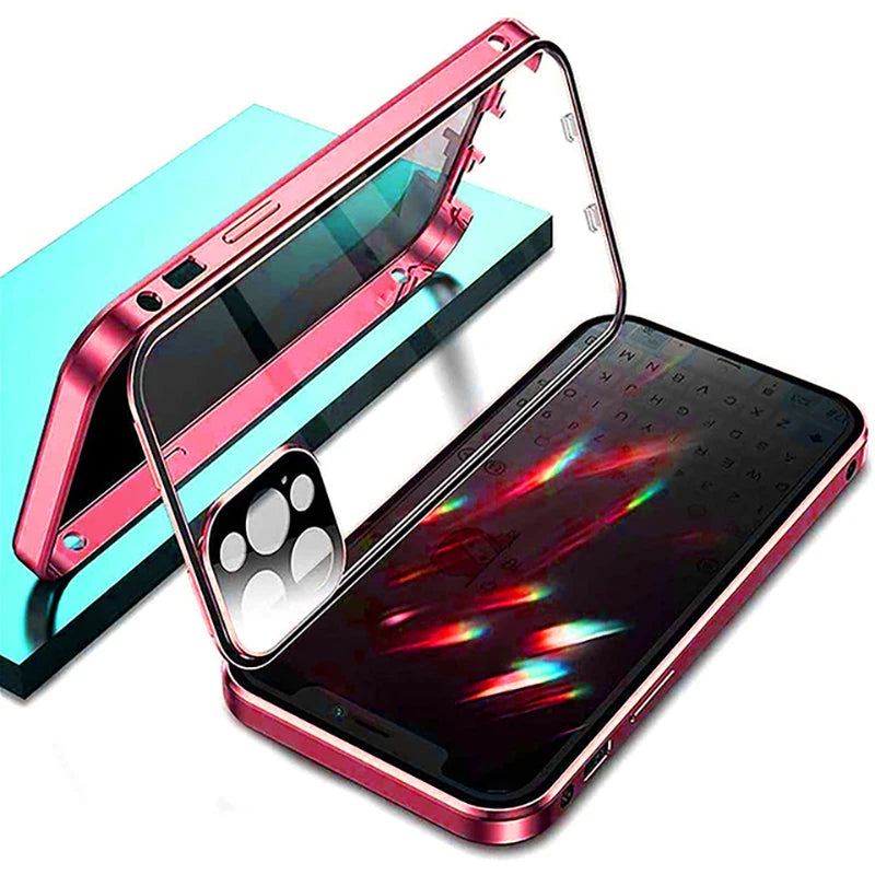 360°Full Protected Metal  Anti Peeping Buckle Lock Phone Case For iPhone 15 14 Pro Max Double-Sided Glass Cover