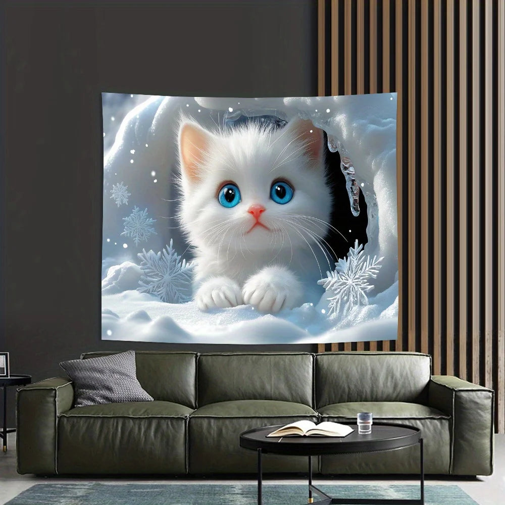 Snow Scenery Plush Cat Tapestry Nordic Style Snow Blue White Living Room Sofa Background Wall Room Decoration