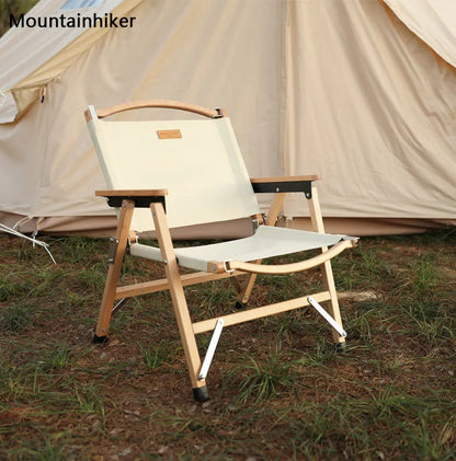 Outdoor Chair Camping Folding Portable Backrest Chair Camping Leisure Faux Wood Armrest Fishing Garden Chair