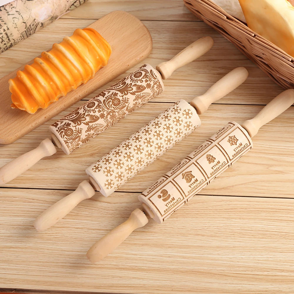 Christmas 35x4.5cm Wooden Rolling Pins Rock Snowflake Elk Engraved Baking Cookies Rolling Pin for Cake Patterned Baking 3D Mold