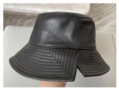 Novelty Female White Line Genuine Leather Big Brim Fisherman Caps Korean Fashion Lambskin Split Basin Sombreros