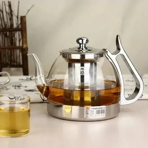 Heat Resistant Borosilicate Glass Teapot with Stainless Steel Infuser for Induction Cooker 1.2L