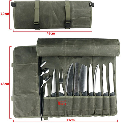 Portable Kitchen Chef Knife Bag With Tools Storage Pockets Waxed Canvas Cooking School Camping Knives Carry Case Roll Organizer