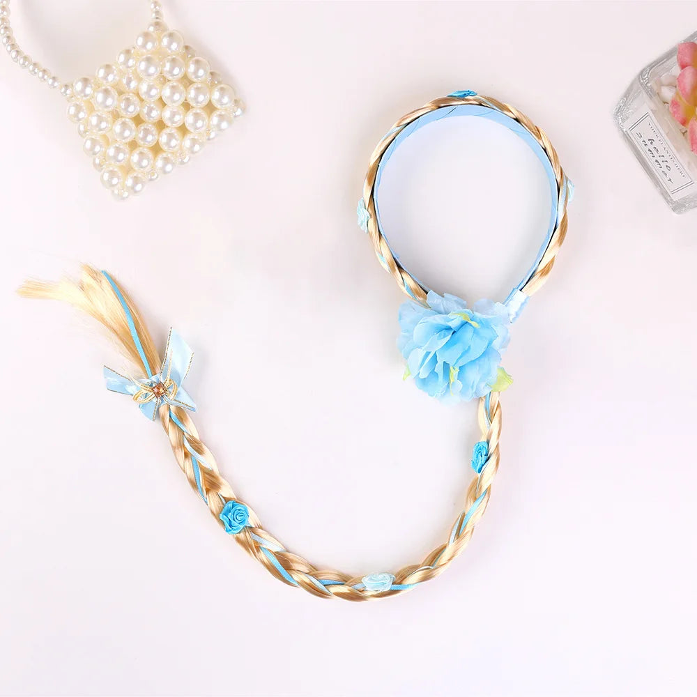 Girls Pink Blue Purple Flower Weaving Braid Headband  Princess Dress Up Hair Accessories Aurora Elsa Sofia Rapunzel Wig