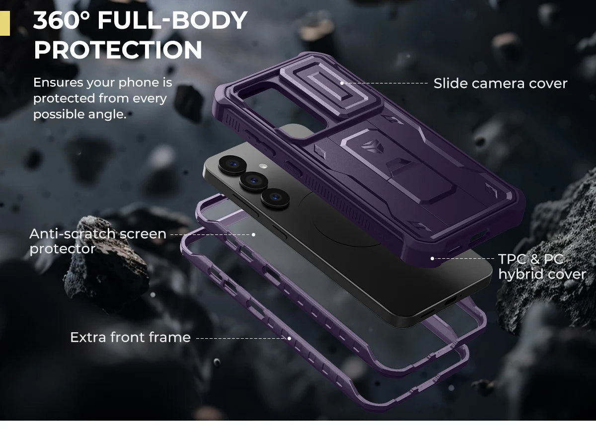 for Samsung Galaxy S25 Case holder Heavy-Duty Shockproof Rugged Case with Built-in Slide Camera Cover & Screen Protector