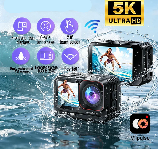 5K Action Camera 4K60FPS Waterproof Sport Camera with 6-Axis EIS Touchscreen Dual Screen