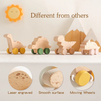 Baby Wooden Beech Car BPA Free  Cartoon Dinosaur Trolley Baby Toy Scene Building Block Hand-decorated Room Handmade Crafts Gifts