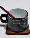 300ml Heat-resistant Stripe American Latte Glass Coffee Mug With Wooden Tray Spoon Milk Tea Cup Fresh Ground Coffee Cup