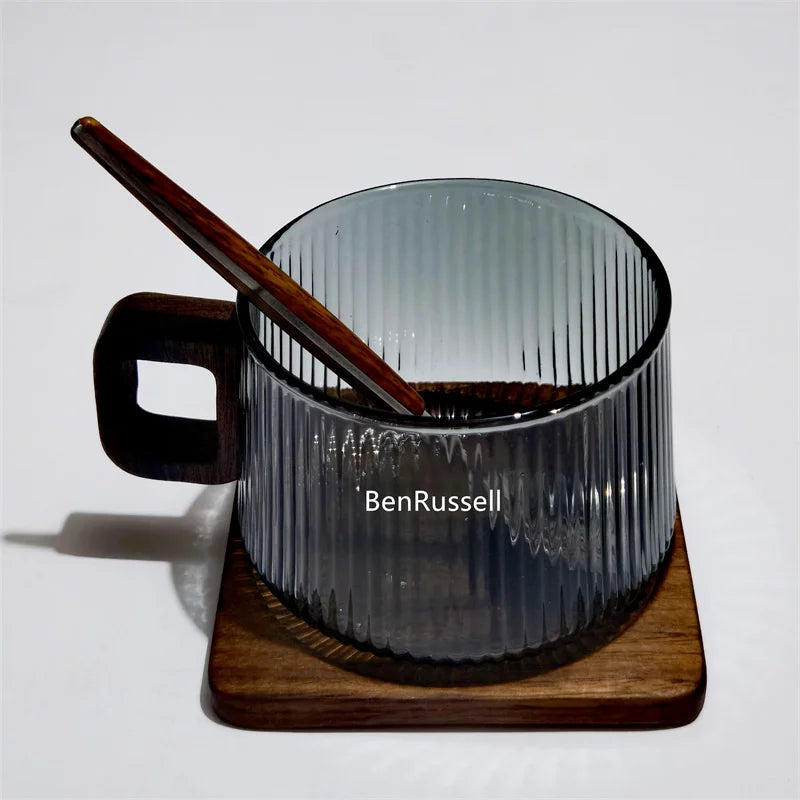300ml Heat-resistant Stripe American Latte Glass Coffee Mug With Wooden Tray Spoon Milk Tea Cup Fresh Ground Coffee Cup