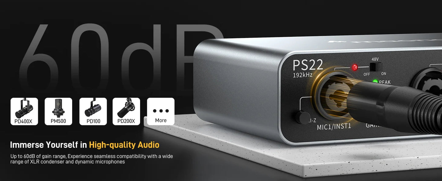 PS22 USB Audio Interface for PC,60dB Pro-Preamp, 24bit 192kHz,Dual USB Interface for PC and Smartphone, Routing Software