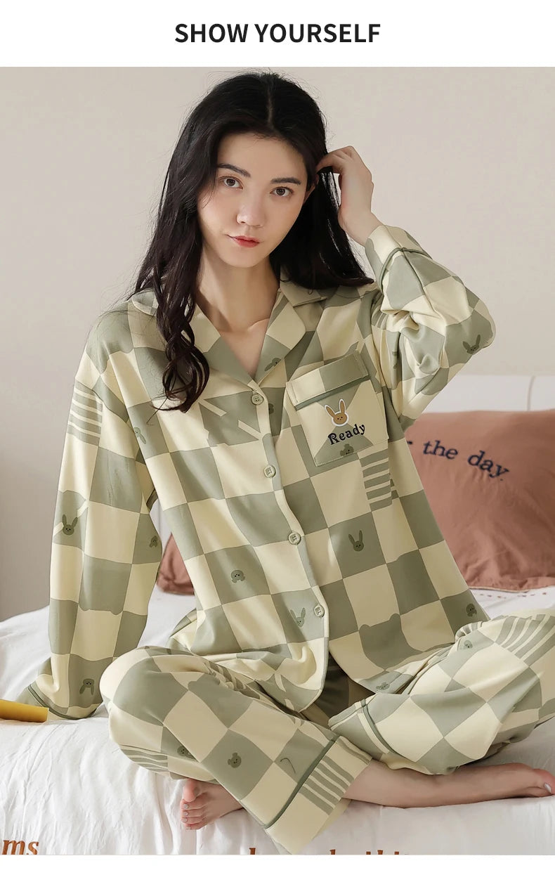 Women’s Winter 100% Cotton Pajama Set – Loose Fit, Turn-Down Collar, Long Sleeves, Cute Pink