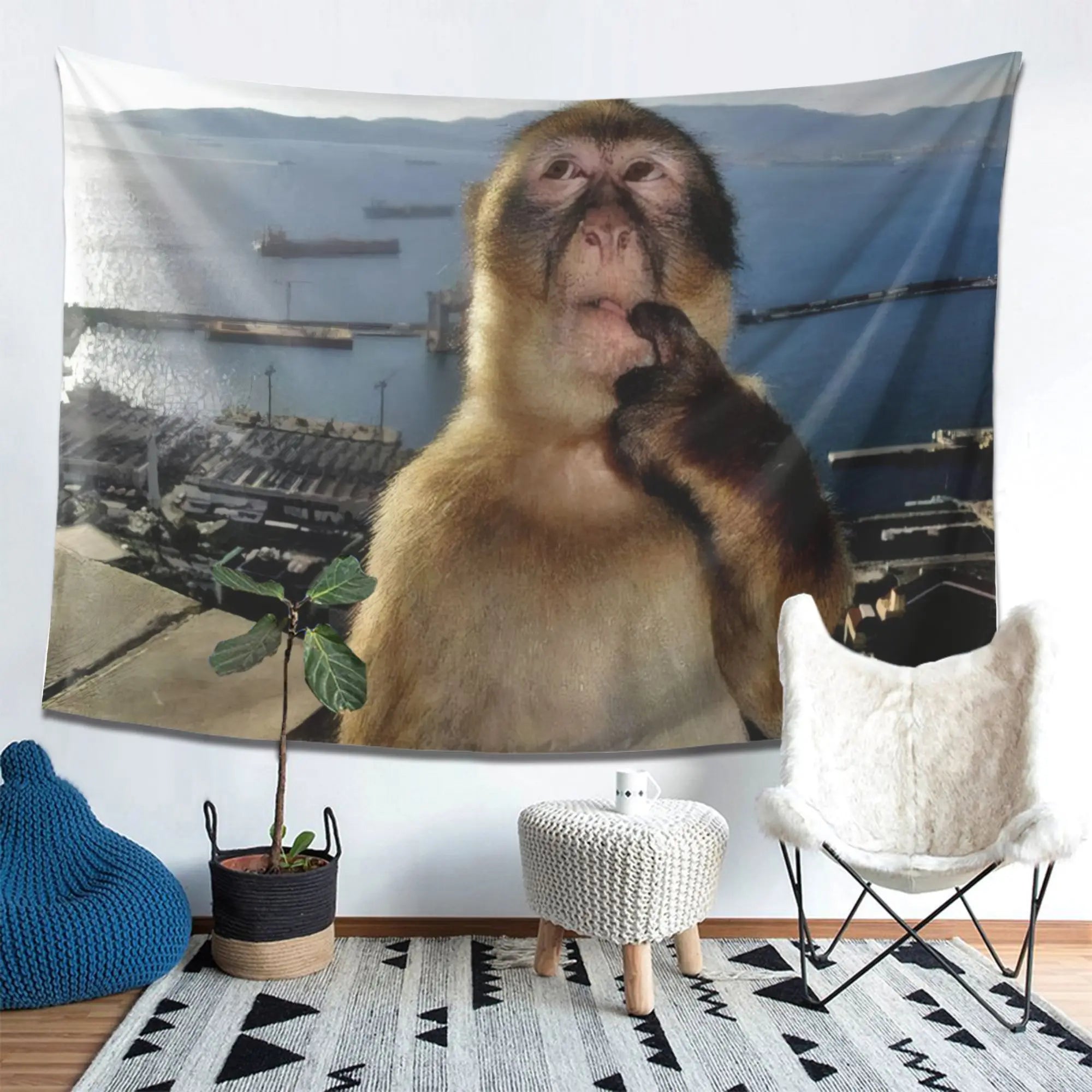 Contemplation Monkey Ocean Tapestry Sailboat Far Mountain City Panoramic Living Room Sofa Background Wall Decoration