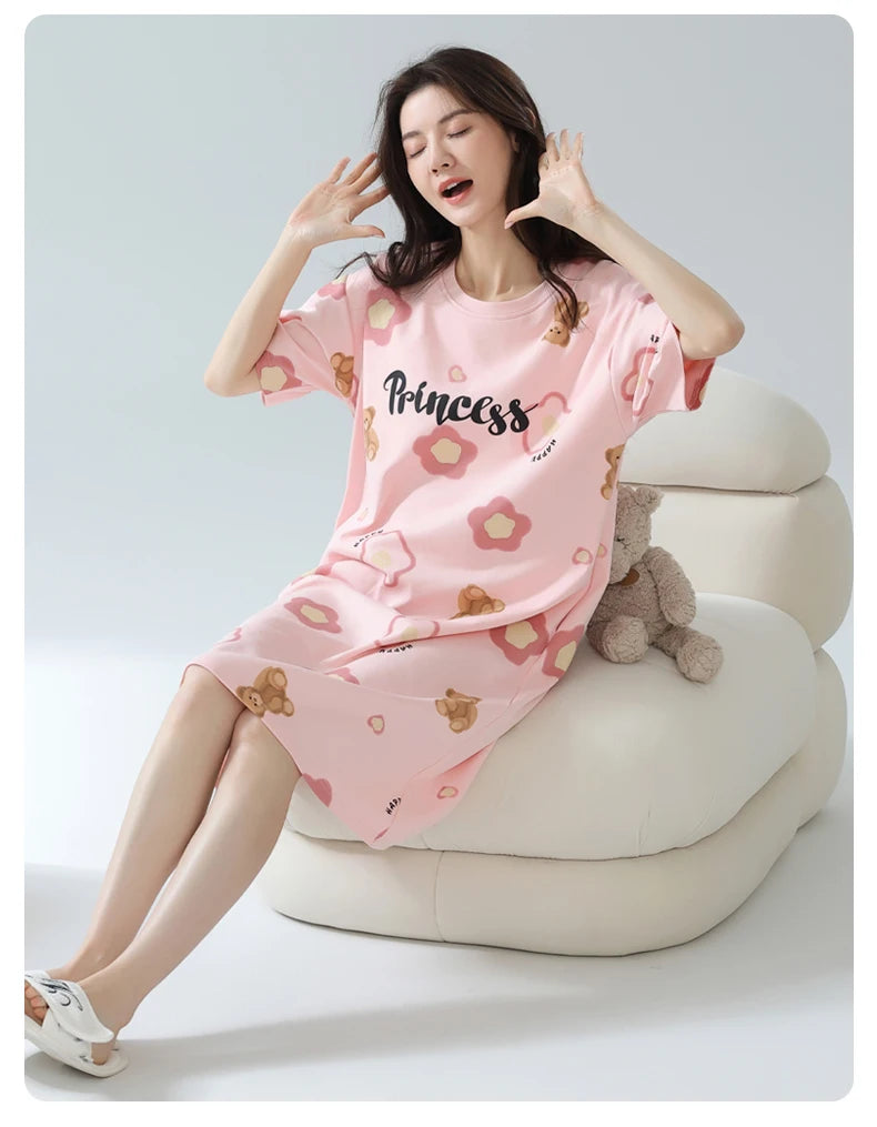 Women’s Cotton Nightgown – Korean Style Cute Print, Summer Short Sleeve Sleepwear Dress