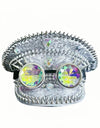 Silver Steampunk Captain Hat Rivet Rhinestone Goggles Masquerade Military Cap Women Sequin Music Festival Handmade Unisex Adult