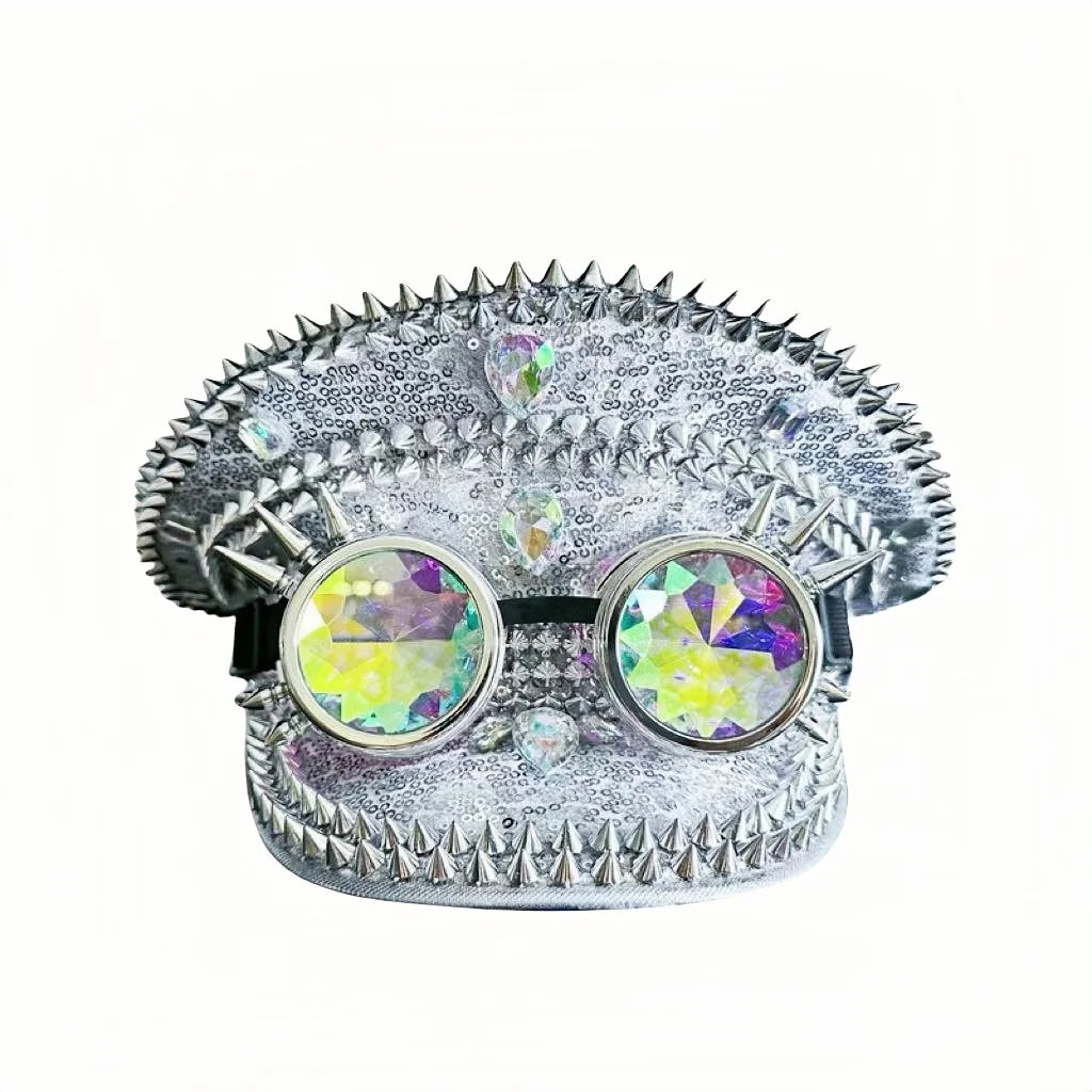 Silver Steampunk Captain Hat Rivet Rhinestone Goggles Masquerade Military Cap Women Sequin Music Festival Handmade Unisex Adult