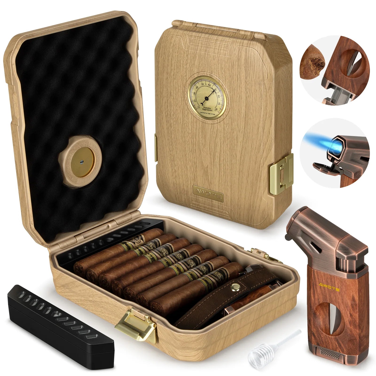 Travel Cigar Humidor with Cigar Lighter, Cedar Wood, V Cut Cutter, Portable Cigar Humidor with Humidifier & Hygrometer
