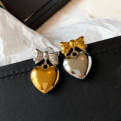 Asymmetrical Smooth Metal Bowknot Heart Earrings For Women Jewelry Senior Sense Sweet Korean Design