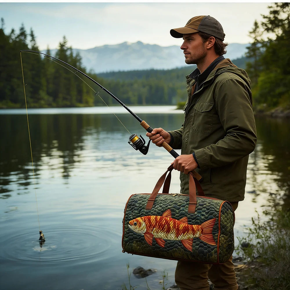 Trout Fishing Quilted Duffel Bag Outdoor Waterproof Gear Bag with 3D Fish Printed Camping Weekender Bag for Anglers Men's Gift