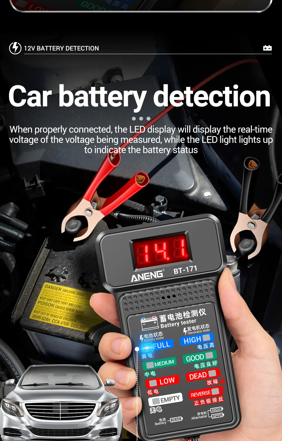 Multifunctional Battery Testers 12V Auto Repair Industry Detection with LED Reverse Display Screen Electrician Tool