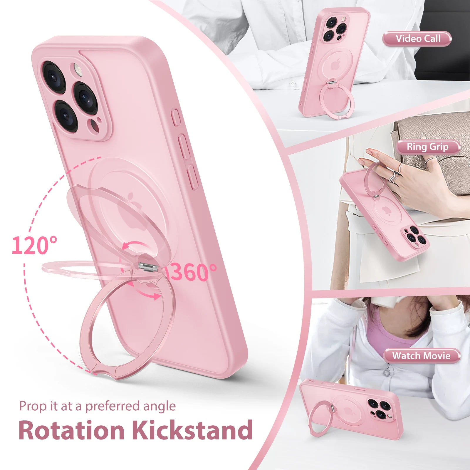 360° Rotatable Stand Case for iPhone 16 Pro Max Camera Lens Drop Protection Shockproof Slim Magnetic MagSafe Phone Case Pink