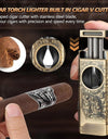 Cigar Lighter 4 Jet Flame, Refillable Butane Lighter with Cigar Cutter V Cut Cigar Punch Cigar Holder Cigar Draw Enhancer