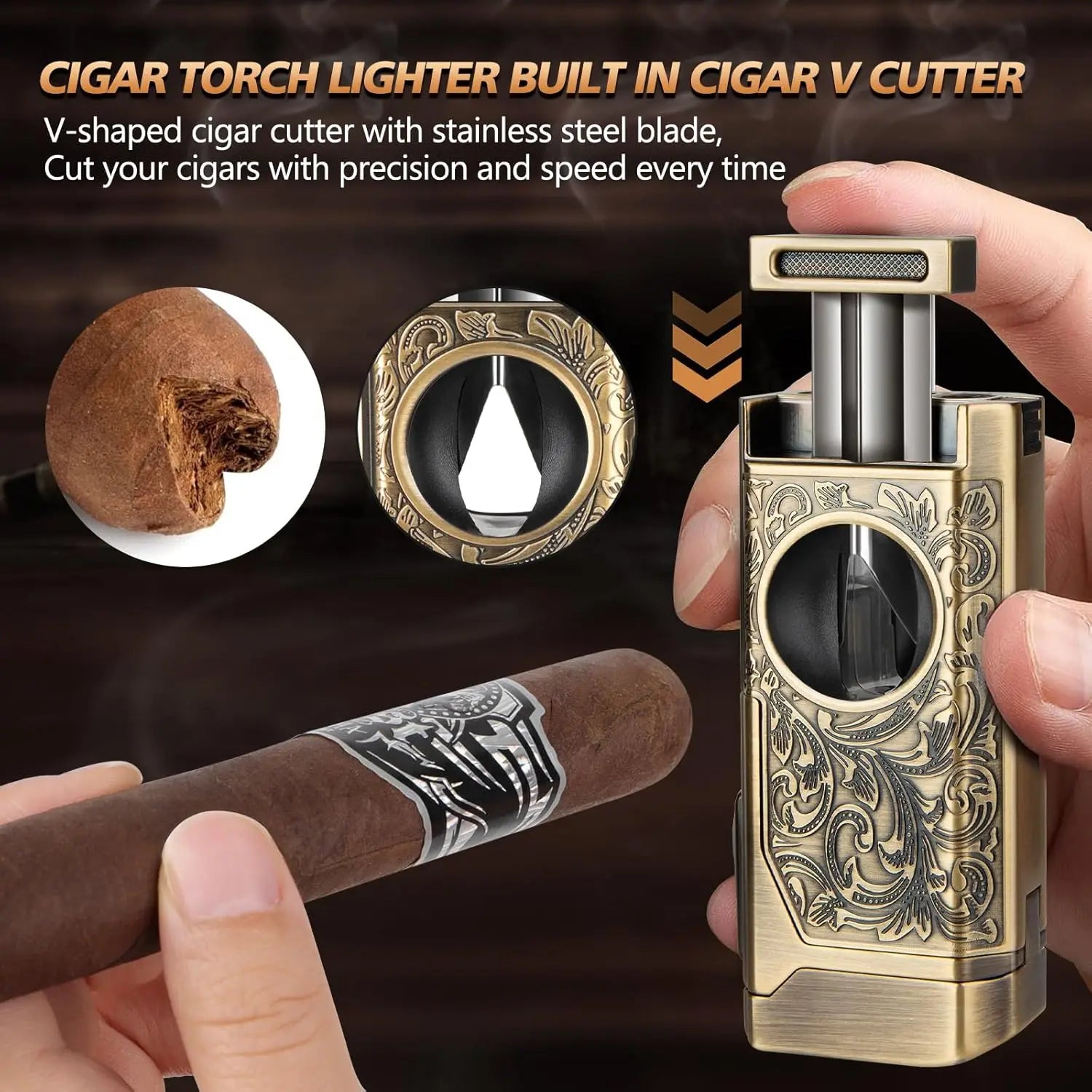 Cigar Lighter 4 Jet Flame, Refillable Butane Lighter with Cigar Cutter V Cut Cigar Punch Cigar Holder Cigar Draw Enhancer