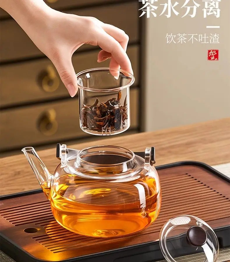 Heat Resistant Glass Tea Kettle with Filter Bamboo Handle Flower Tea Pot 1L
